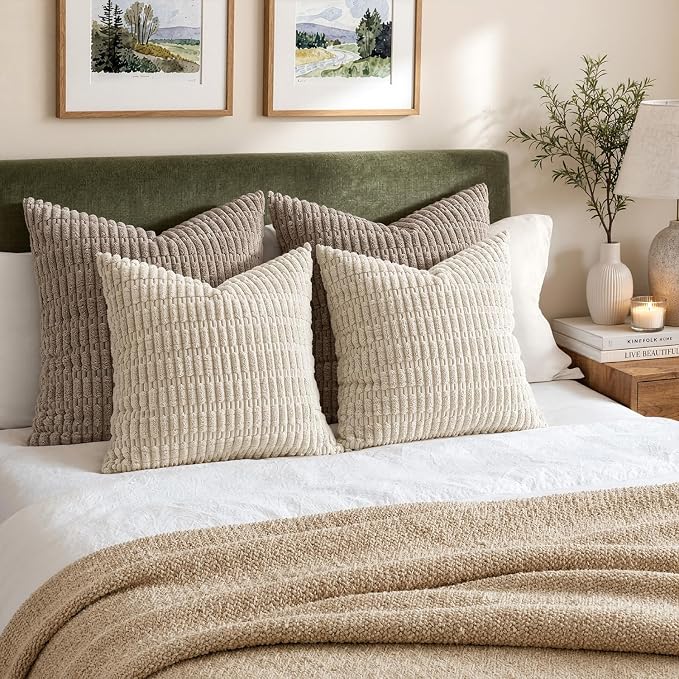 MIULEE Corduroy Decorative Throw Pillow Covers 16x16 Cream White Pack of 2 | Soft Boho Striped Pillow Covers Modern Farmhouse Home Decor For Sofa Living Room Couch Bed