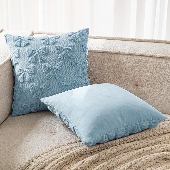 MIULEE Blue Bow Pillow Covers Coquette Room Decor 18x18 | Aesthetic Decorative Cute Girl,Set of 2 Cushion Covers,Soft Plush Faux Pillowcases,Preppy Room Decor Bedroom Couch