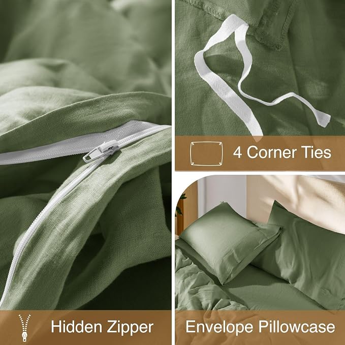 SONORO KATE 100% French Linen King Duvet Cover Set,Zipper Closure,3PC | Natural French Flax,Soft Breathable for Hot Sleepers,Moisture Wicking & Durable,4 Corner Ties,Olive Green