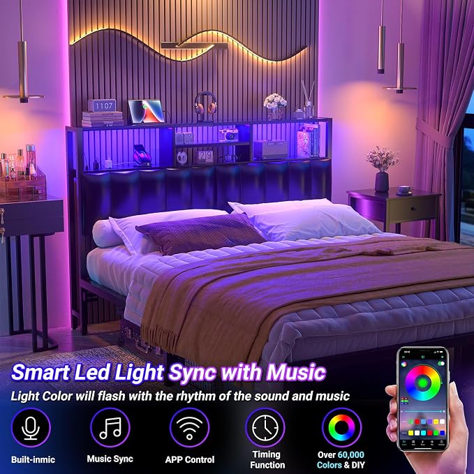Aheaplus Headboard for Queen Size Bed with Storage, Upholstered Headboards | with Outlets, USB Ports and LED Light, Reversible Queen Size Head Board, Height Adjustable, Comfortable Headboard, Black