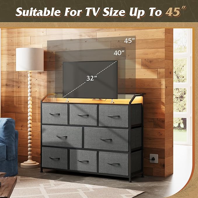 WLIVE Dresser for Bedroom, 8 Drawer LED Dresser with Outlet, Dark Grey | 8 roomy fabric drawers, LED ambient lighting, Built-in power outlet, Bedroom or living room, Chest of drawers