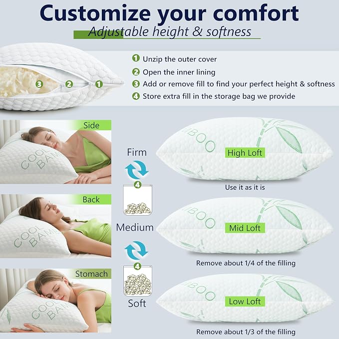 Shredded Memory Foam Pillows, Cooling Pillows King Size Set of 2 Adjustable Firm Bamboo Bed Pillows for Hot, Side, Back and Stomach Sleepers