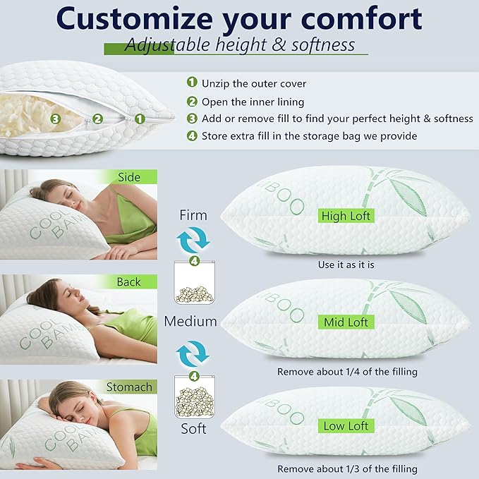 Shredded Memory Foam Pillows, Cooling Pillows Standard Size Set of 2 Adjustable Firm Bamboo Bed Pillows for Hot, Side, Back and Stomach Sleepers