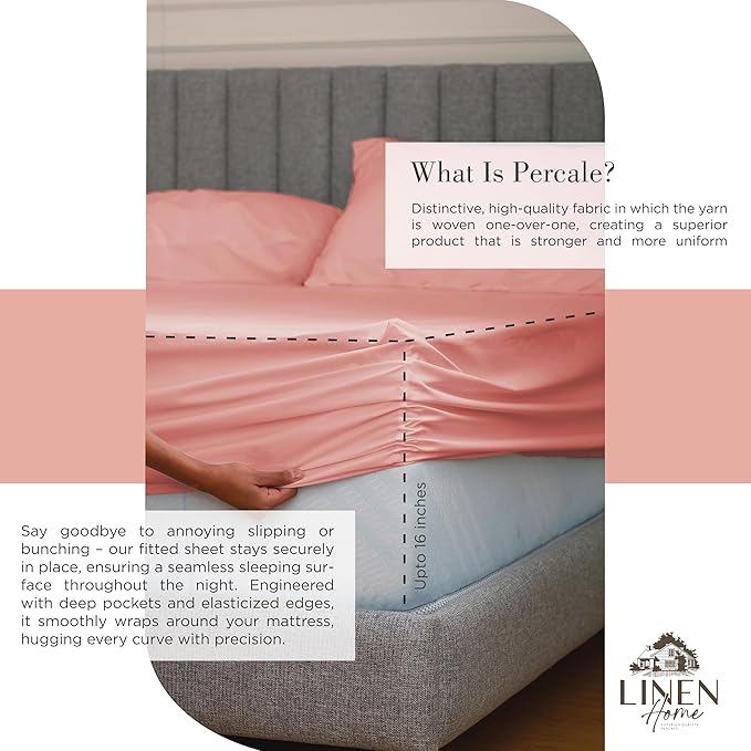 Linen Home 100% Cotton Percale Sheets Queen Size, English Rose, Deep Pocket, 6 Pieces Set- 1 Flat, 1 Fitted and 4 Pillowcases, Crisp Cool and Long Staple Strong Bed Linen