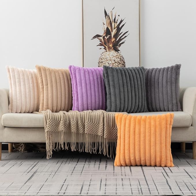 ZLINA Beige Striped Faux Fur Throw Pillow Covers 24 x24 Inch | 2‑Pack, boho striped pillow covers,velvet back,fuzzy plush cushion covers , for sofa bed livingroom home decor