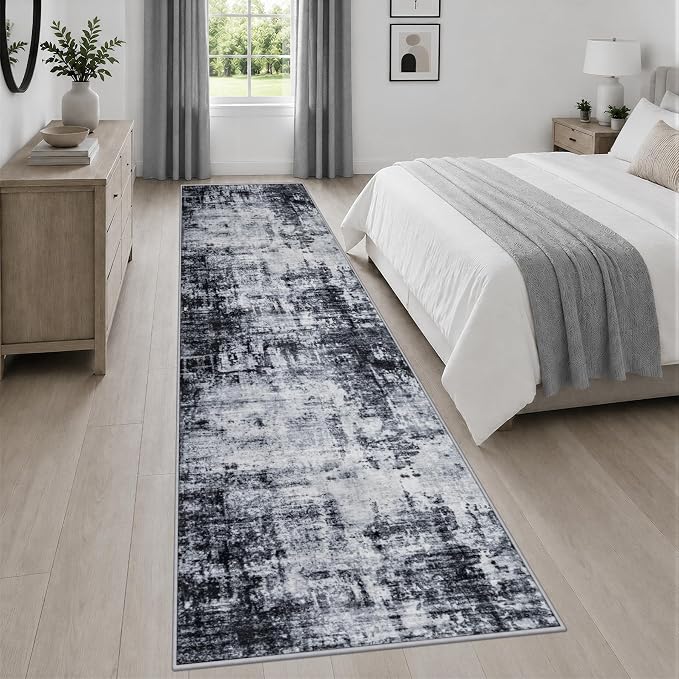 2.6x14 Washable Runner Rug:Modern Abstract Soft Carpet Dark Black | For Hallway, Bedroom, Kitchen, Laundry, Bathroom,Door Mat,Modern Abstract,Machine washable,Non-Slip,Stain Resistant,Indoor