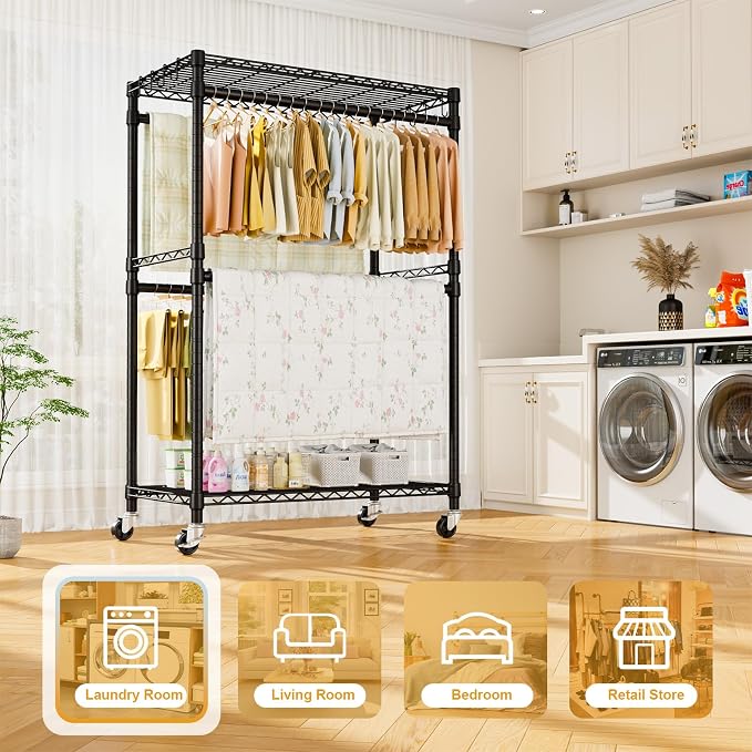 Rolling Clothes Rack, Clothing Racks for Hanging Clothes, Black | P4 Plus Heavy Duty Garment Rack with Wheels, Free Standing Portable Closet Racks 45''W × 20.5''D × 80.5''H, Max Load 570 Lbs