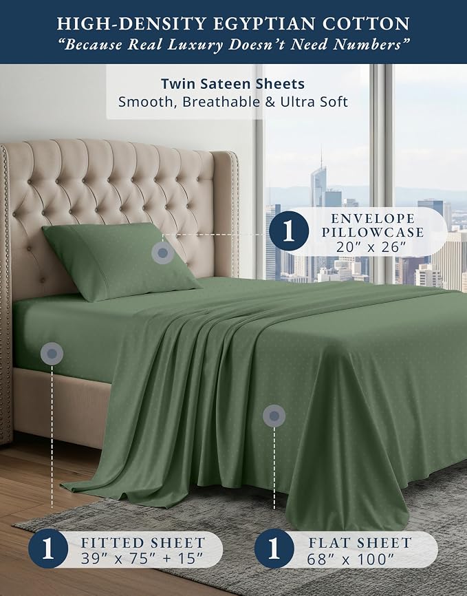 LANE LINEN White Twin Sheets 100% Egyptian Cotton Sateen - Iceberg Green | Twin Size Sheet Set - 3-Piece Set, Ideal For Dorms And Guest Beds, Long-Staple Egyptian Cotton, Guest-Ready Comfort