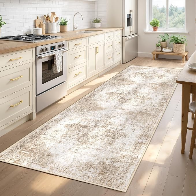 Runner Rug 2x8 Washable Rug, Vintage Boho Medallion Hallway Runner Non-Slip Soft Low Pile Distressed Floor Carpet Retro Doormat for Kitchen Bedroom Laundry Entryway Bathroom (Brown, 2'x8')