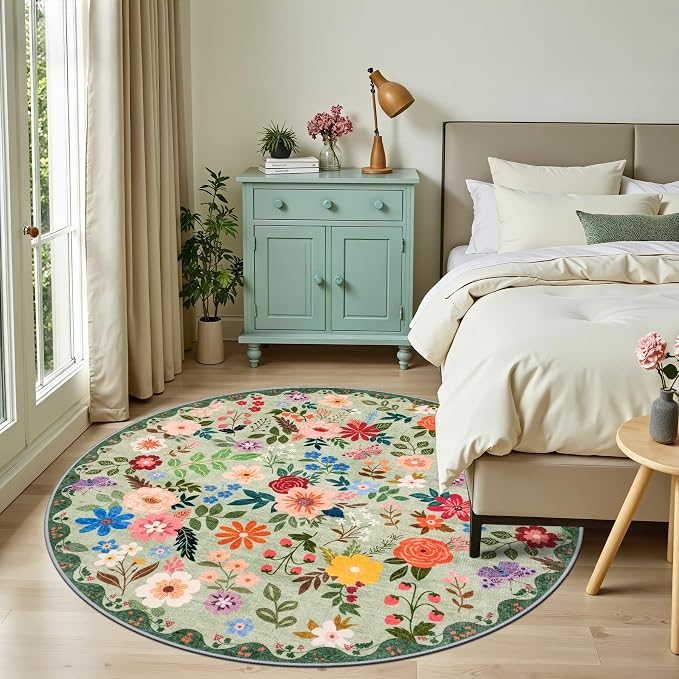 PLHXFR Round Area Rug Living Room: 6 ft Floral Washable Soft Carpet Green | For Bedroom Dining Room Farmhouse Nursery Hallway,Vintage Floral,Machine washable,Non Slip,Stain Resistant,Large Indoor