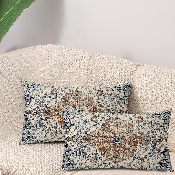 Outdoor Waterproof Pillow Set of 2, 12X20 Inch, Bohemian Vintage Carpet Pattern, Gold Blue Ethnic Design, Decorative Farmhouse Pillow Covers for Couch, Garden, Balcony