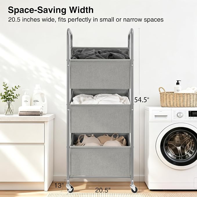 STO STO 3-Tier Vertical Rolling Laundry Hamper, Removable Bags, Gray Faric | 120L Capacity, Space-Saving Vertical Design, Rust-Resistant Steel Frame, Lockable Wheels, Ideal for Apartments & Small Spaces