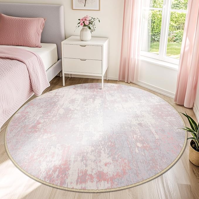 RELEANY Washable Round 6ft Area Rug for Living Room Gray Pink | Carpet for Bedroom, Kitchen, Office, Hallway and Entryway, Printed Pattern, Non‑Slip, Soft, Stain‑Resistant, Easy to Clean
