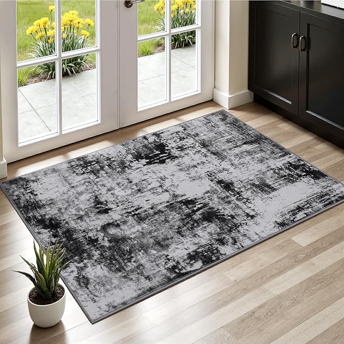 Rugflix 2x3 Entrance Rugs, Washable Black Grey Dark Entry Small Rug | Machine Washable; Stain-Resistant; Low Pile; Non-Slip; Modern Abstract; Black Carpet for Entryway Kitchen Hallway Home