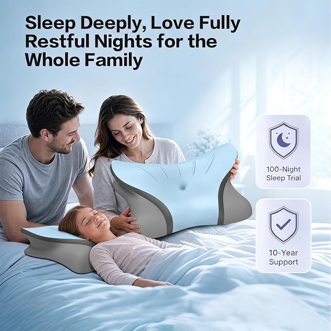 Pain Relief Cervical Neck Pillow, Ergonomic Contour | Q-Max Cooling | Non-Temperature Memory Foam | Side/Back/Stomach Sleeper Support for Sleeping, Reading, Scrolling (Blue & Dark Grey)