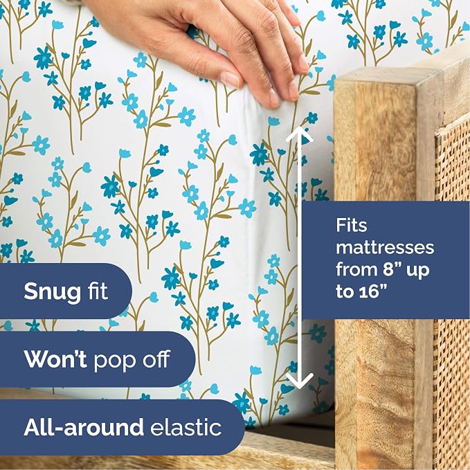 Twin 3 Piece Floral Sheet Set - Soft, Breathable & Cooling - Sea Spring | 1 Flat, 1 Fitted & 1 Pillowcase w/ Deep Pockets, Boho Botanical Floral Bedding, Breathable & Cooling, Wrinkle & Fade Free