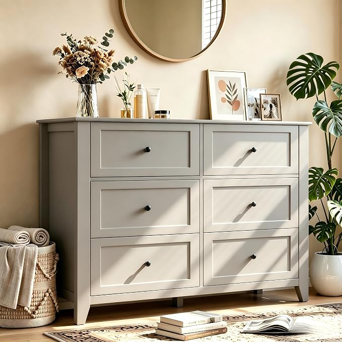 Garvee Grey 6-Drawer Dresser for Bedroom, 41.7" L Entryway Storage Drawers | Modern Lacquered Chest of Drawers, 15.8"D x 41.7"W x 31.5"H, Storage Dresser with Deep Drawers for Hallway Entryway