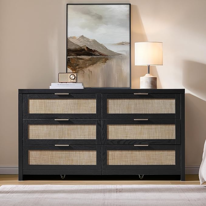 SICOTAS Rattan Dresser for Bedroom, 57" Wide 6 Drawer Dresser | Dressers with Ample Storage, Large Chest of Drawers, Closet, Boho TV Stand for Bedroom, Black Oak, 1 Piece