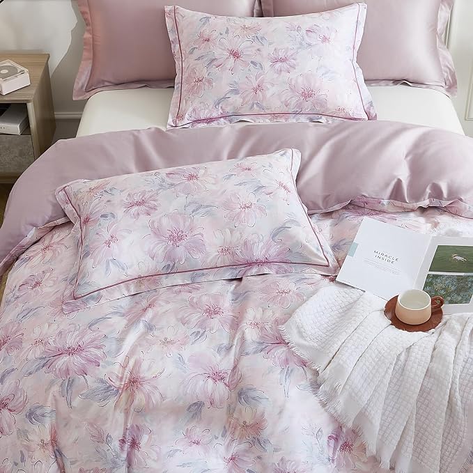 OAITE Queen Duvet Cover Set 3pcs 100% Cotton 600 Thread Count with Floral | Luxury Soft, Breathable,Long Staple Cotton,Hidden Zipper,8 Corner Ties,Easy Care for All Season