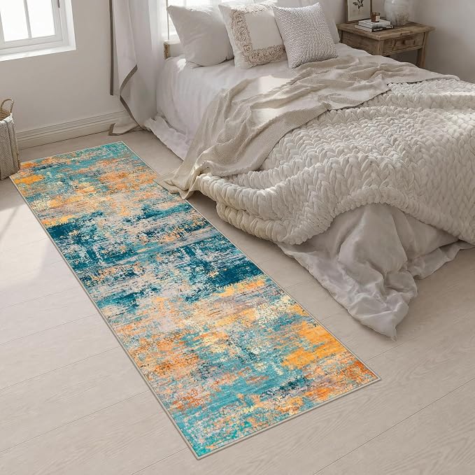 2.6x10 Washable Runner Rug:Modern Abstract Soft Carpet Rosy Haze | For Hallway, Bedroom, Kitchen, Laundry, Bathroom,Door Mat,Modern Abstract,Machine washable,Non-Slip,Stain Resistant,Indoor