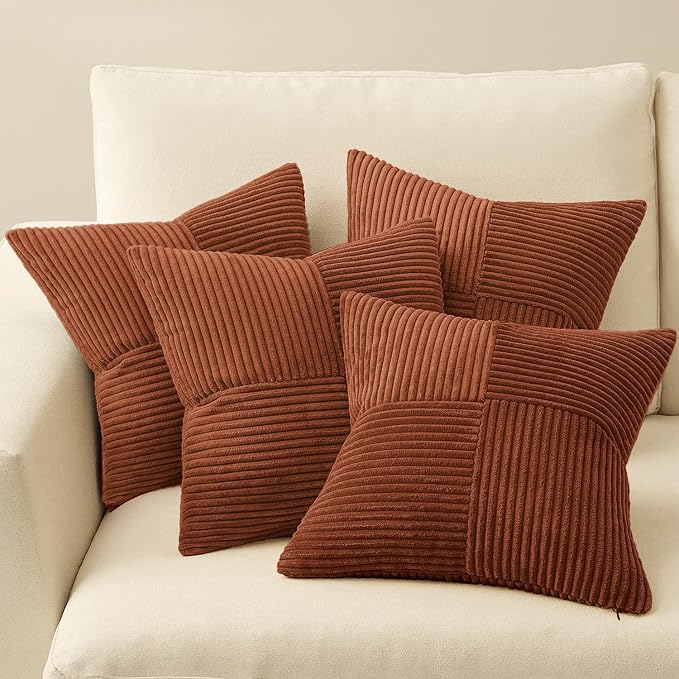 MIULEE Fall Boho Farmhouse Rust Decorative Throw Pillow Covers 18x18 Inch 4 Packs Soft Vintage Pillow Cases Modern Corduroy Patchwork Cushion Covers for Couch Sofa Bed Home Decor, Terracotta