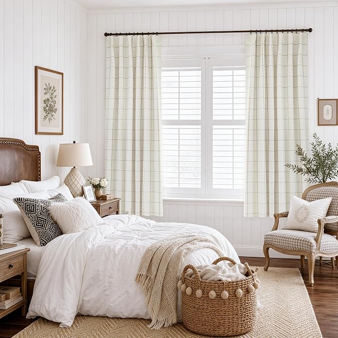 DriftAway 100% Blackout Plaid Linen Curtains 63 Inches Long 2 Panels Taupe | 100% Blackout, Linen Texture, Plaid Pattern, Two Layers, Rod Pocket & Back Tab, Bedroom Living Room Use, Luxury Appearance