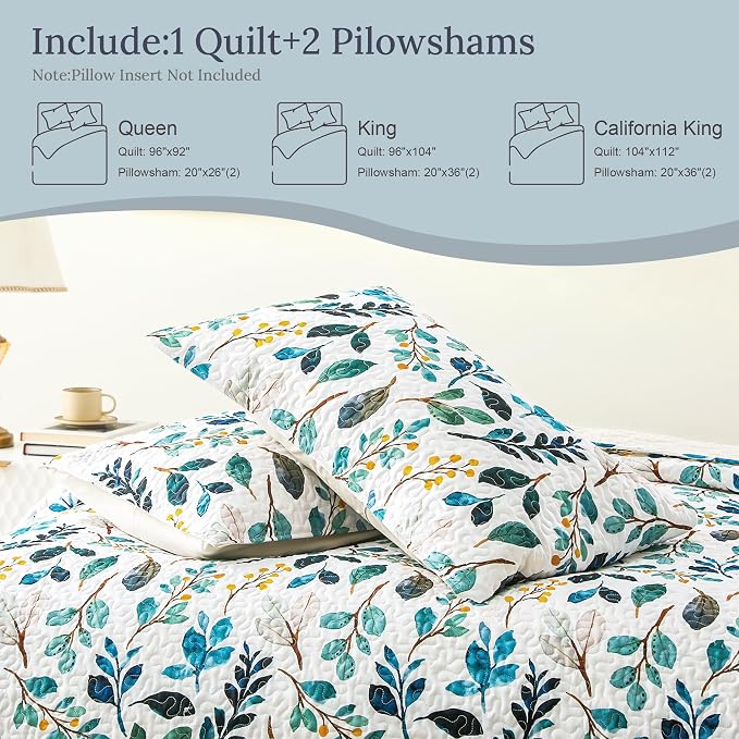 Whale Flotilla Patchwork Quilt King Size, Extra Soft Floral Leaf Bedspreads | Reversible Lightweight King Quilt Bedding Set for Bed, White Green Printed Coverlets with 2 Pillow Shams for All Seasons