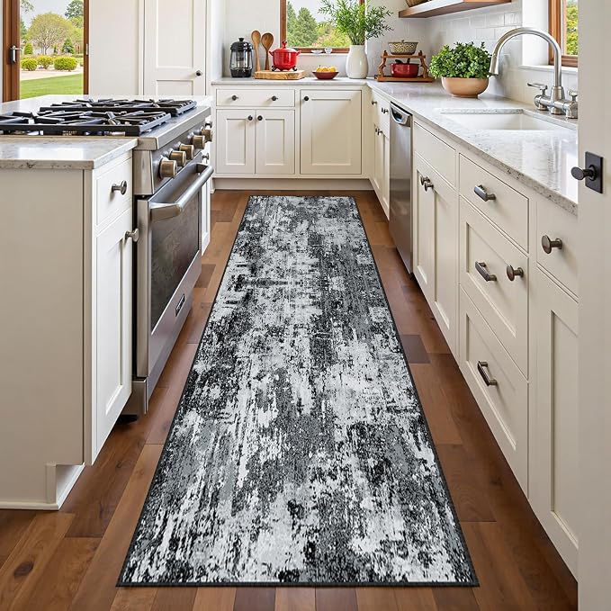 RELEANY Washable Runner 2'x6' Abstract Area Rug for Hallway Black White | Carpet for Kitchen, Entryway, Bathroom, Living Room, Bedroom, Printed Pattern, Non‑Slip, Soft, Stain‑Resistant, Easy to Clean