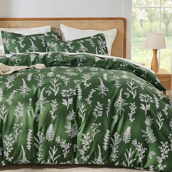 MUXHOMO Duvet Cover Queen Size, Reversible Floral Dark Green Duvet Cover Set with Zipper Closure, 3 Pieces Botanical Patterns Soft Microfiber Bedding Set with 4 Ties (90"x90", 2 Pillow Cases)