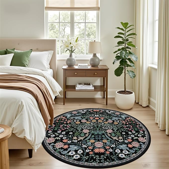 PLHXFR Round Area Rug Living Room: 4 ft Floral Washable Carpet Dark Black | For Bedroom Dining Room Farmhouse Nursery Hallway,Vintage Floral,Machine washable,Non Slip,Stain Resistant,Large Indoor