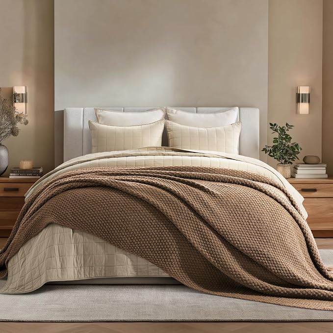 EVERGRACEHOME Chunky Chenille Knit Throw Blanket, 90 x 90, Camel Brown | Sculpted Moss Stitch, Chic Modern Farmhouse, All-Season Warmth, OEKO-TEX® Certified, Oversized Queen for Couch, Bed, Sofa