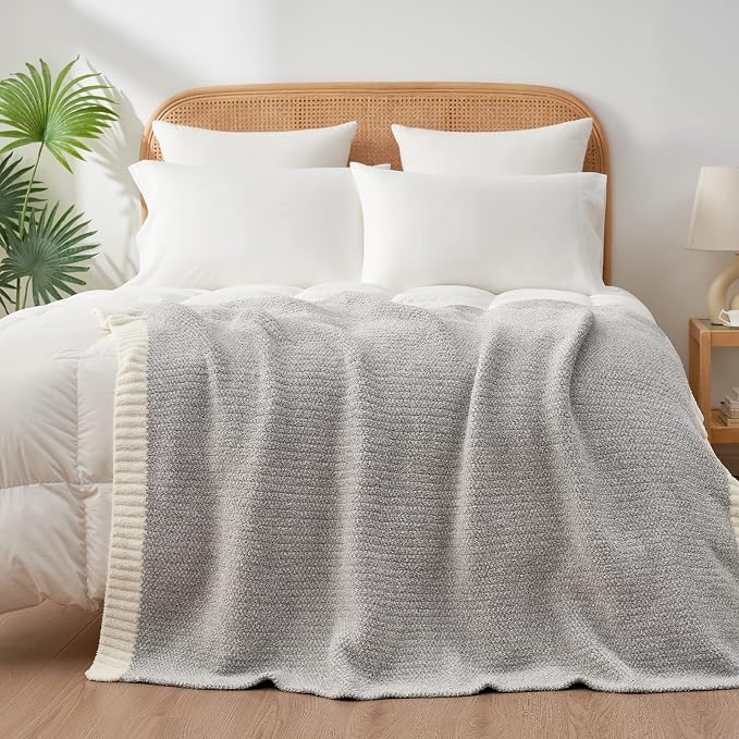 Snuggle Sac Buttery Grey Throw Blanket for Couch, Reversible Super Soft Warm Blankets Cozy Knit Fuzzy Plush Lightweight Throws for Sofa, Bed, Heather Grey, 50"x60"