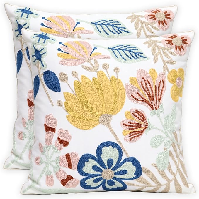 Pack of 2 Embroidered Decorative Throw Pillow Cover 18x18 Inch Farmhouse Floral Pillowcase for Living Room Sofa Bed (Floral)