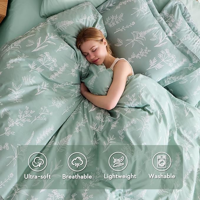 MUXHOMO Duvet Cover Full Size, Reversible Floral Green Duvet Cover Set with Zipper Closure, 3 Pieces Botanical Patterns Soft Microfiber Bedding Set with 4 Ties (80"x90", 2 Pillow Cases)