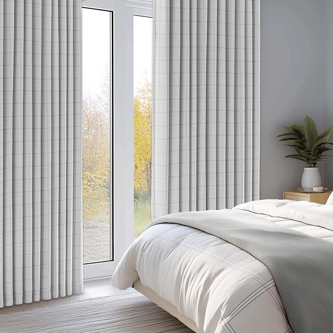 Beauoop Grey Plaid Jacquard Blackout Curtains for Bedroom 52x96 2 Panels | Gingham Checkered Room Darkening Drapes for Living Room 96 Inch Long Thermal Insulated Soundproof Window treatment Grommet