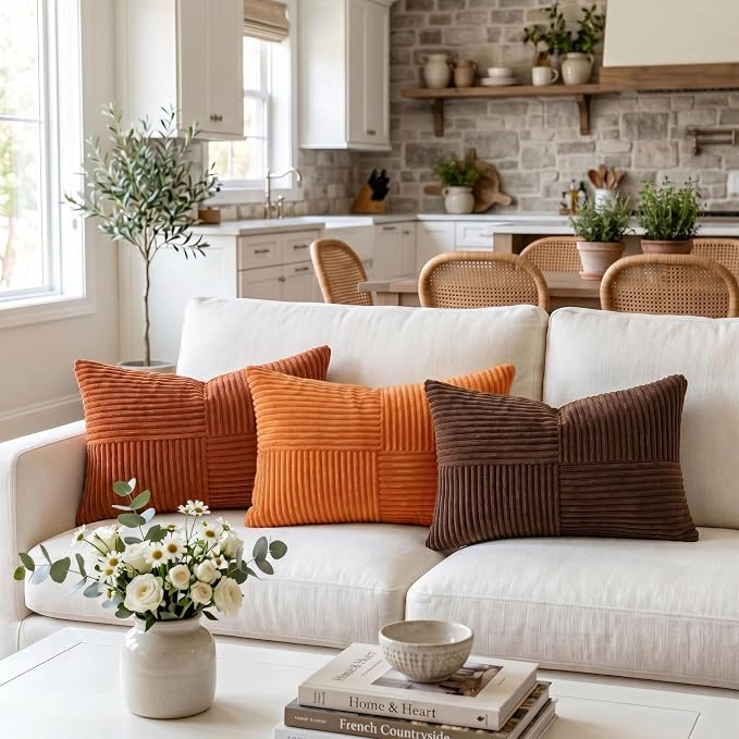 Fancy Homi 2 Packs Orange Lumbar Decorative Throw Pillow Covers 16x32 Inch for Living Room Couch Bed Sofa, Farmhouse Boho Home Decor, Soft Striped Corduroy Rectangle Accent Cushion Case 40x80 cm