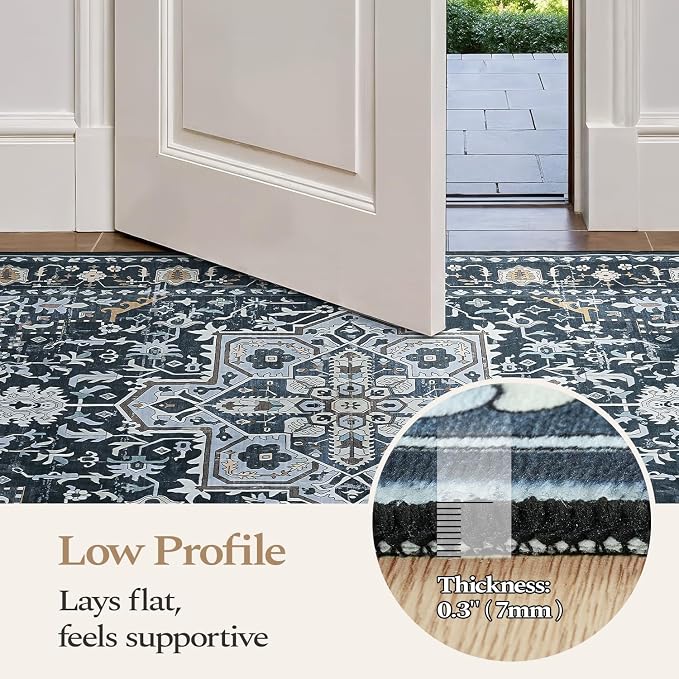 Rugflix 2x3 Entrance Rugs, Washable Navy Blue Entry Small Rug | Machine Washable; Stain-Resistant; Low Pile; Non-Slip; Vintage Printed; Carpet for Bedroom Dining Office Nursery Home