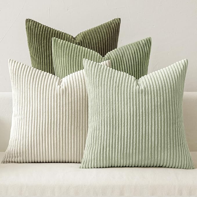MIULEE Soft Corduroy Decorative Throw Pillow Covers Light Green 20x20 | Set of 4, Mordern Nordic Decor, Light Green Gradient Matching, Boho Farmhouse Cushion Covers for Couch Bed Sofa Living Room