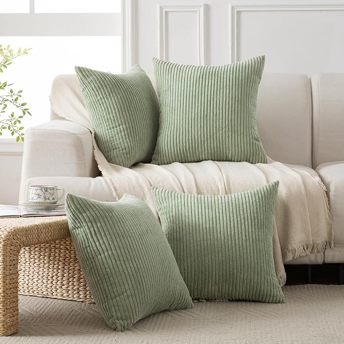 Volcanics Set of 4 Sage Green Corduroy Couch Throw Pillow Covers 18x18 in | Decorative Western Modern Farmhouse Striped Cushion Cases, Soft Boho Square Accent Pillow Covers for Home Sofa