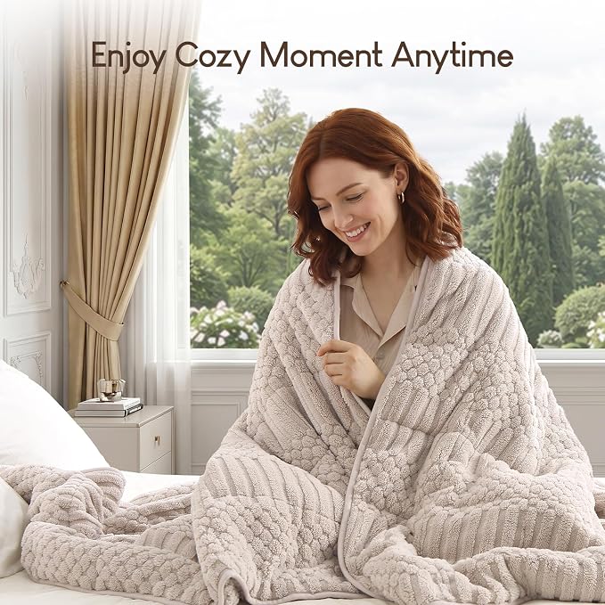 Cottonblue Weighted Blanket 15 lbs for Adults Queen Size Soft Sherpa Fleece | Fuzzy Jacquard Heavy Blankets Throw 60"x80" for Sleep Calm Relax, Cozy Warm Knitted Heavy Blanket for Bed Sofa,Grey & Beige