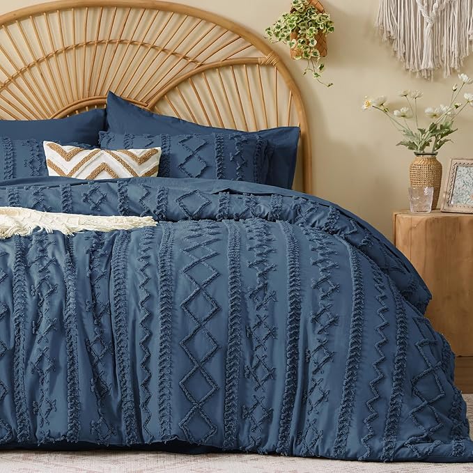 BEDELITE King Comforter Set 7 Pieces,Boho Bed in a Bag,Navy Blue | Tufted Bed Set for All Seasons,Soft Farmhouse-Style Embroidery Bedding,Includes Flat & Fitted Sheets,2 Pillowcases & 2 Shams