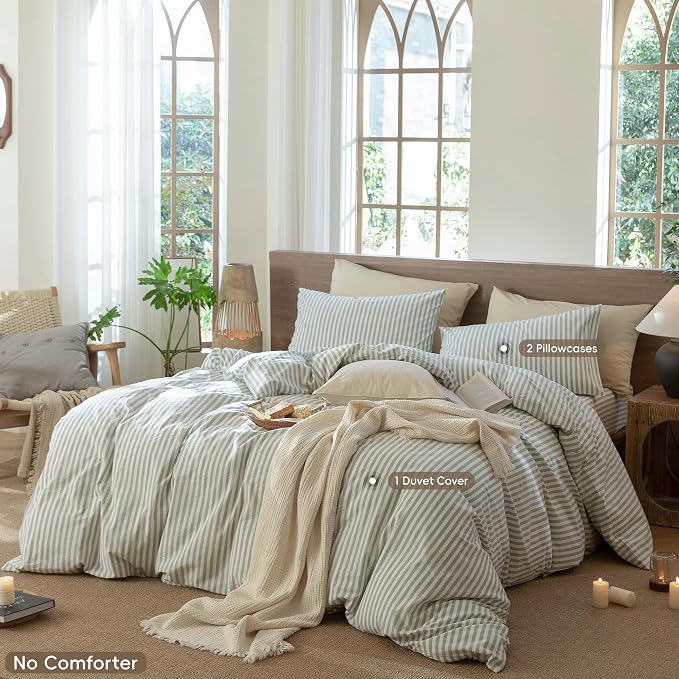 MooMee Striped Duvet Cover Set 100% Washed Cotton Linen Like Super King | Relaxed Linen-like Texture. Soft, Breathable & Long-lasting Comfort. Lightweight. Hidden Zipper with 8 Interior Corner Ties