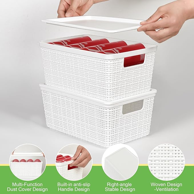 6 Pack Plastic Storage Baskets with Lid,White Stackable Bins | Durable Woven Plastic With handle Breathable,Save space,For Organizing Desktops, Closets, Playrooms, Classrooms, Offices