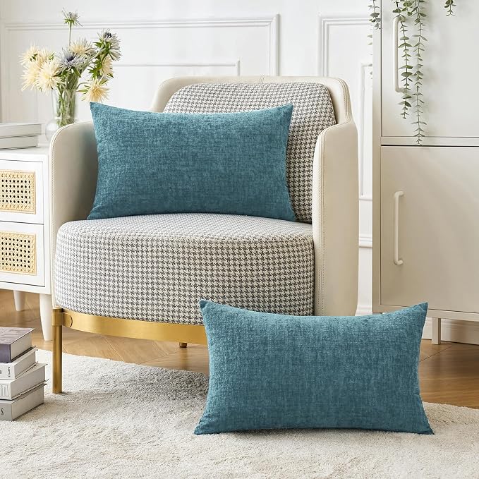 MIULEE Soft Chenille Lumbar Throw Pillow Covers Blue Ashes 12x20 Pack of 2 | Modern Coastal Home Decor, Classic Decorative Pillows, Solid Dyed Cases, Boho Couch Cushion Covers for Sofa Bed Living Room