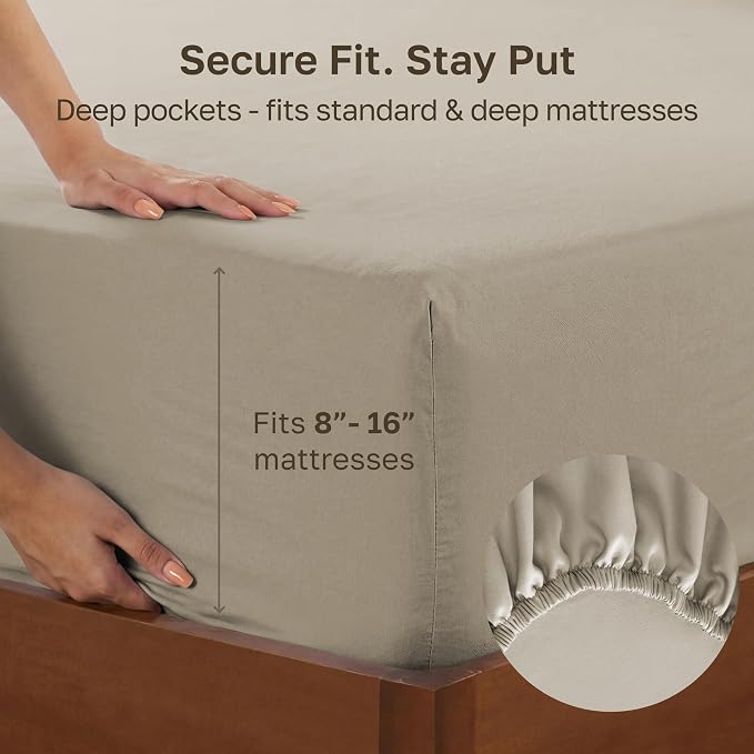 California Design Den 100% Cotton Sateen Queen Size Fitted Sheets, Taupe | 400 Thread Count Backed by Good Housekeeping Seal, 16" Deep Pocket, All-Around Elastic, No-Pop Fit, Durable, OEKO-TEX