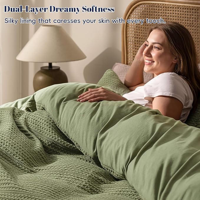 PHF Soft Waffle Duvet Cover King Size- Durable Breathable Waffle Weave Duvet Cover(104"x90") with 2 Pillow Shams, 3 Pieces Luxury Textured Bedding Set for All Season, Olive Green