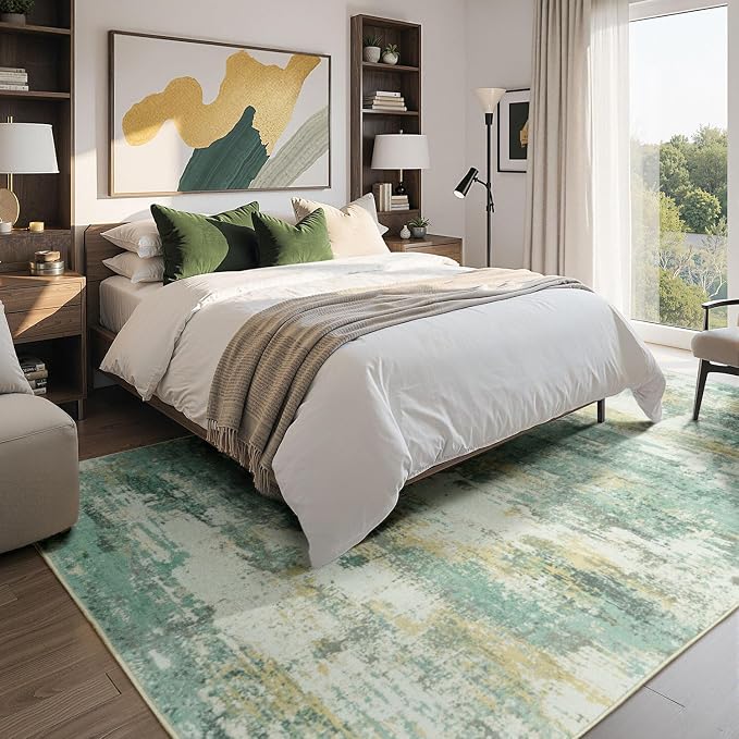 Rugflix 5x7 Area Rugs for Living Room, Washable Light Green Large Rug | Machine Washable; Stain-Resistant; Low Pile; Non-Slip; Modern Abstract; Carpet for Bedroom Dining Office Nursery Home