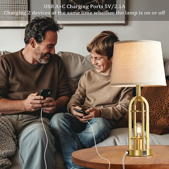 SRJJA Gold Table Lamps for Living Room Set of 2 - Modern Farmhouse Bedside Lamps for Bedroom Night Stands with Nightlight and USB A+C, Industrial Lamp for Living Room End Tables