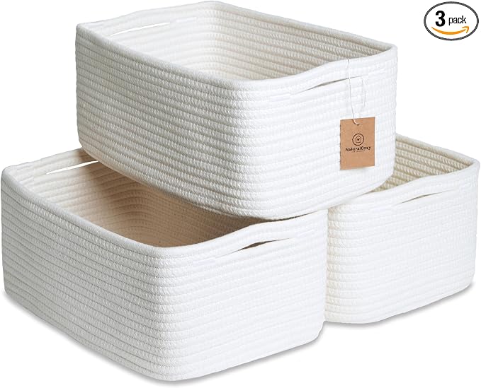 NaturalCozy 13.5”x8.5”x5.5” Storage Baskets for Shelves 3 Pack | Cotton Rope Woven Small Baskets for Organizing | Small Storage Bins for Nursery, Bathroom, Closet, Cube Shelf, Decorative, Gift