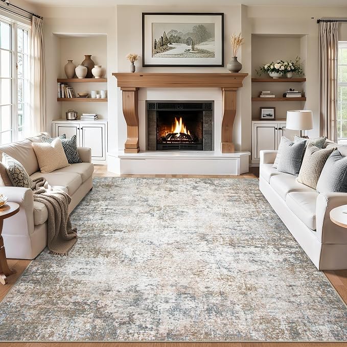 PLHXFR 10x14 Area Rug Living Room: Abstract Washable Carpet Brown Grey | For Bedroom Dining Room Farmhouse Nursery Home,Machine washable,Non Slip,Large Soft Neutral,Stain Resistant, Indoor Floor